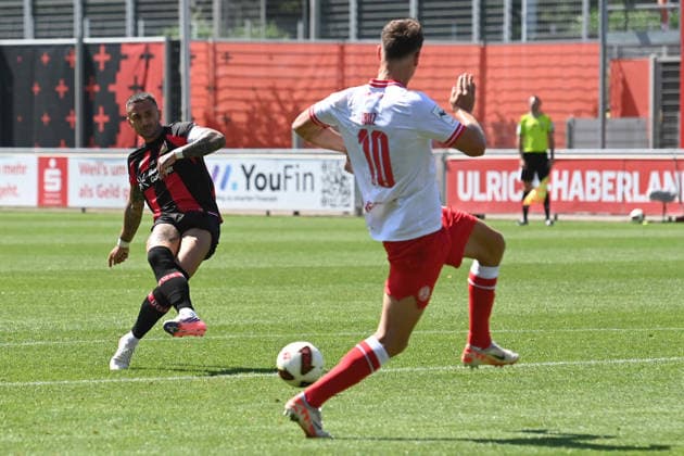 Aleix GARCIA LEV vs. Marvin OBUZ RWE Action, Tackle, Soccer, Bundesliga 1, Friendly Match, Bayer Leverkusen LEV vs. Rot-Weiss Essen 3–0, on August 1, 2026, in Leverkusen, Germany. DFL regulations prohibit any use of photographs as image sequences and or quasi-video.