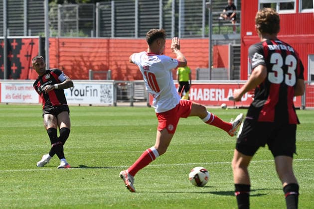Aleix GARCIA LEV vs. Marvin OBUZ RWE Action, Tackle, Soccer, Bundesliga 1, Friendly Match, Bayer Leverkusen LEV vs. Rot-Weiss Essen 3–0, on August 1, 2026, in Leverkusen, Germany. DFL regulations prohibit any use of photographs as image sequences and or quasi-video.