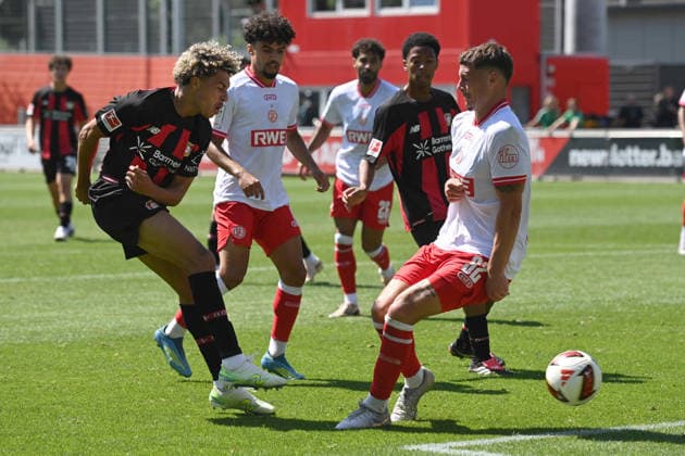 Montrell CULBREATH (LEV) vs. Luca BAZZOLI (RWE) Action, Tackle, Soccer, Bundesliga 1, Friendly Match, Bayer Leverkusen LEV vs. Rot Weiss Essen 3–0, on August 1, 2026, in Leverkusen, Germany. DFL regulations prohibit any use of photographs as image sequences and or quasi-video.