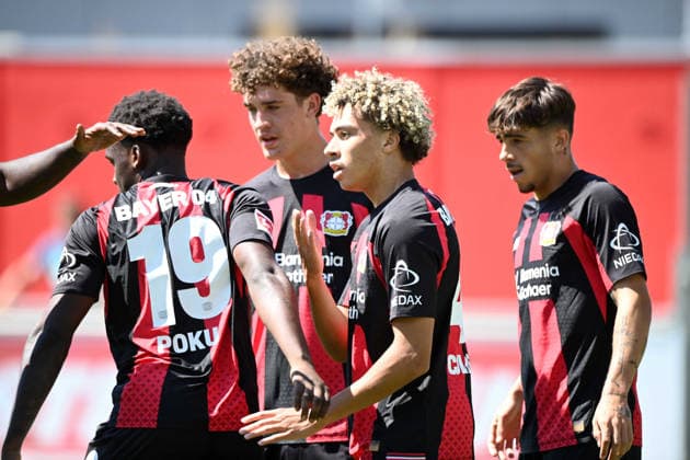 Montrell CULBREATH (LEV) celebrating, cheering, joy, after his goal to make it 3–0; on the left, Ernest POKU (LEV). Soccer, 1. Bundesliga, friendly match, Bayer Leverkusen LEV vs. Rot-Weiss Essen 3–0, on August 1, 2026, in Leverkusen, Germany. DFL regulations prohibit any use of photographs as image sequences and or quasi-video.
