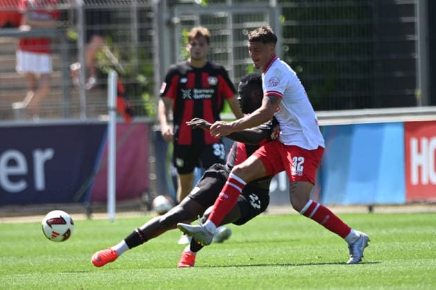 Victor BONIFACE LEV vs. Luca BAZZOLI RWE Action, Tackle, Soccer, Bundesliga 1, Friendly Match, Bayer Leverkusen 3–0 Rot-Weiss Essen, on August 1, 2026, in Leverkusen, Germany. DFL regulations prohibit any use of photographs as image sequences and or quasi-video.