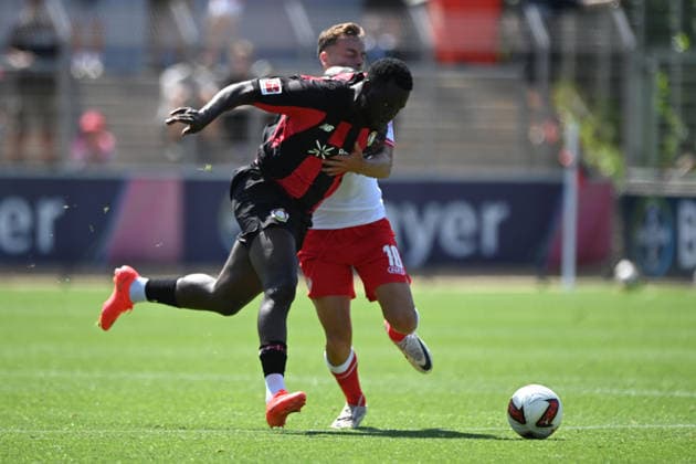 Victor BONIFACE LEV vs. Marvin OBUZ RWE Soccer 1 Bundesliga, Testspiel, testmatch, friendly match, Freundschaftsspiel, Bayer Leverkusen (LEV) vs. Rot-Weiss Essen 3–0, on August 1, 2026, in Leverkusen, Germany. DFL regulations prohibit any use of photographs as image sequences and or quasi-video.