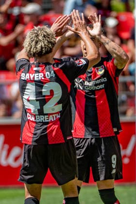 Friendly Match: Bayer 04 Leverkusen vs. Rot Weiss Essen, August 1, 2026, Ulrich Haberland Stadium, Leverkusen; Montrell Culbreath (Bayer 04 Leverkusen) 42, Alfonso Moreira (Bayer 04 Leverkusen) 9, celebrating the 3-0 goal in the friendly match between Bayer 04 Leverkusen and Rot-Weiss Essen on August 1, 2026, Ulrich Haberland Stadium, Leverkusen Copyright: xBEAUTIFULxSPORTS Erlhofx