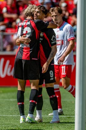Friendly Match: Bayer 04 Leverkusen vs. Rot Weiss Essen, August 1, 2026, Ulrich Haberland Stadium, Leverkusen; Montrell Culbreath, Bayer 04 Leverkusen 42; Alfonso Moreira, Bayer 04 Leverkusen 9; celebrating the 3-0 goal in the friendly match between Bayer 04 Leverkusen and Rot Weiss Essen on August 1, 2026, Ulrich Haberland Stadium, Leverkusen Copyright: xBEAUTIFULxSPORTS Erlhofx