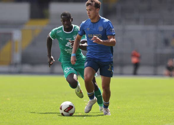 Max Marie, Eintracht Braunschweig; Mame Wade, La Louvière Soccer, Men s, 2026–2027 Season, 2nd Bundesliga, Eintracht Stadium, Eintracht Braunschweig vs. RAAL La Louvière, Preseason, Friendly Match. DFL REGULATIONS PROHIBIT ANY USE OF PHOTOGRAPHS AS IMAGE SEQUENCES AND OR QUASI-VIDEO