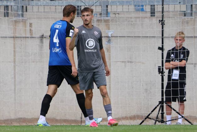 August 1, 2026, Soccer, Men s, Friendly Match, 2026–2027 Season, 1 FC Saarbrücken vs. US Thionville Lusitanos, Goal celebration for the 0–1, Goal scorer Kylian Tubio, US Thionville Lusitanos, Saarbrücken, Ludwigsparkstadion, Saarland, Germany, DEU Copyright: xSebastianxBachx