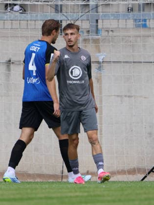 August 1, 2026, Soccer, Men s, Friendly Match, 2026–2027 Season, 1 FC Saarbrücken vs. US Thionville Lusitanos, Goal celebration for the 0–1, Goal scorer Kylian Tubio, US Thionville Lusitanos, Saarbrücken, Ludwigsparkstadion, Saarland, Germany, DEU Copyright: xSebastianxBachx