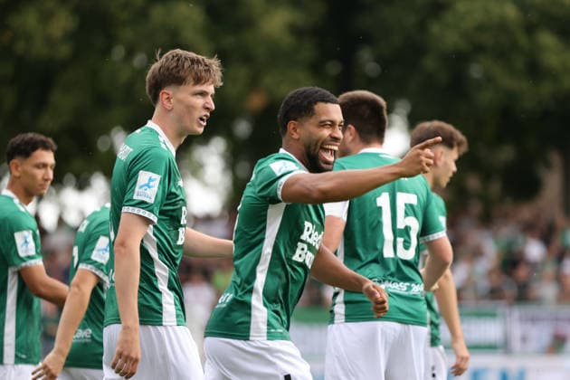August 1, 2026, Men s Soccer, 2026–2027 Season, Bavarian Regional League, Matchday 2: 1 FC Schweinfurt 1905 vs. TSV 1860 Munich – Jubilation after Jason Prodanovic’s 1–0 goal for FC Schweinfurt 05, 17 Schweinfurt Riedel Bau Arena at Sachs Stadio, Bavaria, Lower Franconia, Germany
