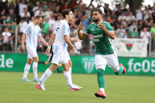 August 1, 2026, Men s Soccer, 2026–2027 Season, Bavarian Regional League, Matchday 2: 1 FC Schweinfurt 1905 vs. TSV 1860 Munich. Goal scorer: Jason Prodanovic (FC Schweinfurt 05, 17) celebrates his 1-0 goal at the Schweinfurt Riedel Bau Arena in Sachs, Lower Franconia, Bavaria, Germany