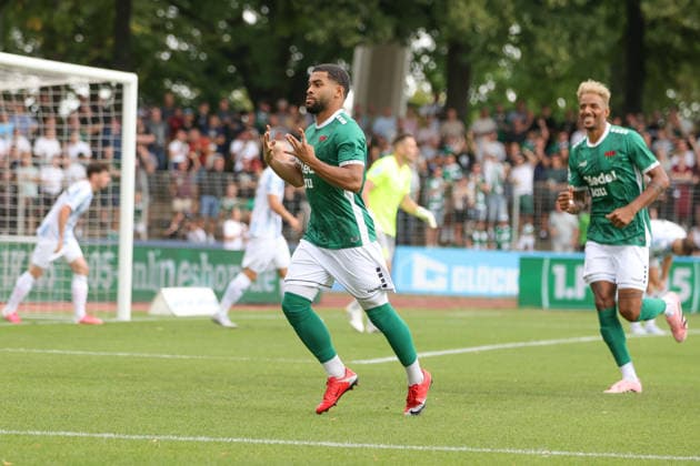 August 1, 2026, Men s Soccer, 2026–2027 Season, Bavarian Regional League, Matchday 2: 1 FC Schweinfurt 1905 vs. TSV 1860 Munich. From left: Goal scorer Jason Prodanovic of FC Schweinfurt 05, 17, and Mike Dellinger (FC Schweinfurt 05, 10) celebrate the 1–0 victory at the Schweinfurt Riedel Bau Arena in the Sachs Stadio, Bavaria, Lower Franconia, Germany