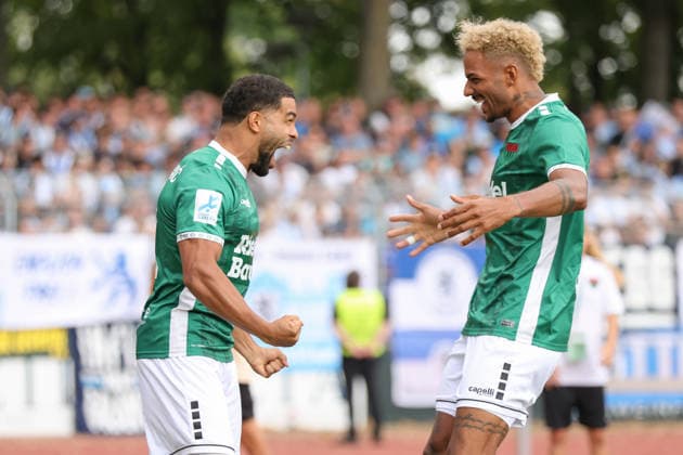 August 1, 2026, Men s Soccer, 2026–2027 Season, Bavarian Regional League, Matchday 2: 1 FC Schweinfurt 1905 vs. TSV 1860 Munich. From left: Goal scorer Jason Prodanovic of FC Schweinfurt 05, 17, and Mike Dellinger (FC Schweinfurt 05, 10) celebrate the 1–0 victory at the Schweinfurt Riedel Bau Arena in the Sachs Stadio, Bavaria, Lower Franconia, Germany
