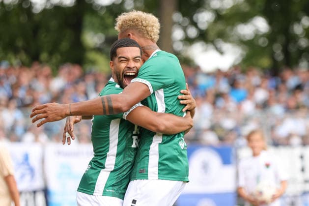 August 1, 2026, Men s Soccer, 2026–2027 Season, Bavarian Regional League, Matchday 2: 1 FC Schweinfurt 1905 vs. TSV 1860 Munich. From left: Goal scorer Jason Prodanovic of FC Schweinfurt 05, 17, and Mike Dellinger (FC Schweinfurt 05, 10) celebrate the 1–0 victory at the Schweinfurt Riedel Bau Arena in the Sachs Stadio, Bavaria, Lower Franconia, Germany