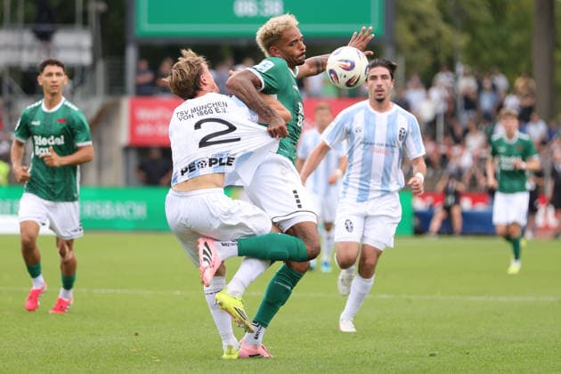 August 1, 2026, Men s Soccer, 2026–2027 Season, Bavarian Regional League, Matchday 2: 1 FC Schweinfurt 1905 vs. TSV 1860 Munich. From left: Julian Bell (TSV 1860 Munich, No. 02) against Mike Dellinger (FC Schweinfurt 05, No. 10). Schweinfurt, Riedel Bau Arena at Sachs Stadio, Bavaria, Lower Franconia, Germany