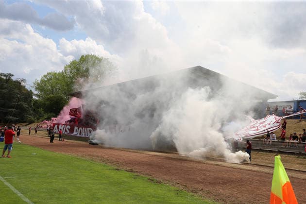 August 1, 2026, xrekx, Soccer Friendly Match, FC Metz vs. FC Kaiserslautern, FCK Fans, Atmosphere, Scarves, Ultras, Spectators, Visitors, Choreography, choreography, atmosphere, scarves, spectators, visitors Pyrotechnics DFL DFB REGULATIONS PROHIBIT ANY USE OF PHOTOGRAPHS as IMAGE SEQUENCES and or QUASI-VIDEO Metz