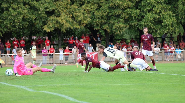 August 1, 2026, xrekx, Soccer Friendly Match, FC Metz 1 FC Kaiserslautern v l Shot on goal for the 0–1 by Naatan Skyttä Skyttae 1 FC Kaiserslautern DFL DFB REGULATIONS PROHIBIT ANY USE OF PHOTOGRAPHS as IMAGE SEQUENCES and or QUASI-VIDEO Metz