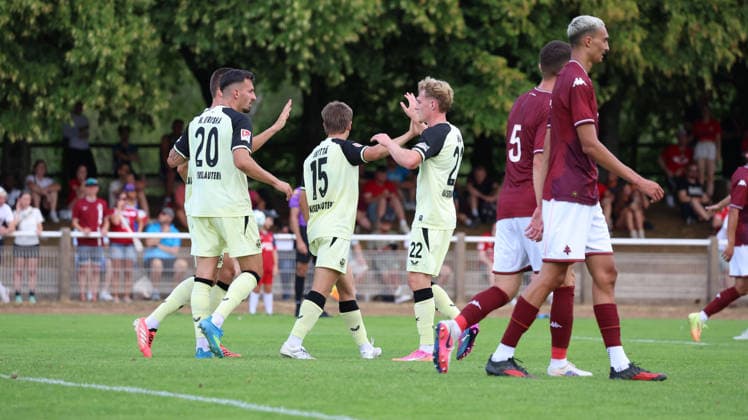 August 1, 2026, xrekx, Soccer Friendly Match, FC Metz 1 FC Kaiserslautern v l Goal celebration after the goal scored by Naatan Skyttä Skyttae 0–1 for FC Kaiserslautern DFL DFB REGULATIONS PROHIBIT ANY USE OF PHOTOGRAPHS as IMAGE SEQUENCES and or QUASI-VIDEOEO Metz