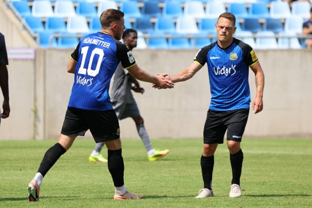 August 1, 2026, Soccer, Men s, Friendly Match, 2026–2027 Season, 1 FC Saarbrücken vs. US Thionville Lusitanos, celebration of the 1–1 goal, goal scorer Christian Kühlwetter (1 FC Saarbrücken), Patrick Sontheimer (1 FC Saarbrücken), Saarbrücken, Ludwigsparkstadion, Saarland, Germany, DEU Copyright: xSebastianxBachx