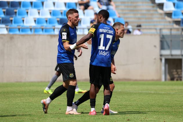 August 1, 2026, Soccer, Men s, Friendly Match, 2026–2027 Season, 1 FC Saarbrücken vs. US Thionville Lusitanos, celebration of the 1–1 goal, goal scorer Christian Kühlwetter (1 FC Saarbrücken), Abdenko Nankishi (1 FC Saarbrücken), Saarbrücken, Ludwigsparkstadion, Saarland, Germany, DEU Copyright: xSebastianxBachx
