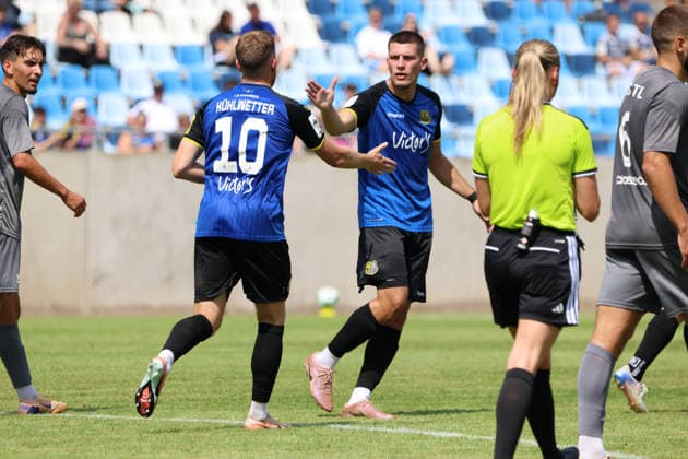 August 1, 2026, Soccer, Men s, Friendly Match, 2026–2027 Season, 1 FC Saarbrücken vs. US Thionville Lusitanos, celebration of the 1–1 goal, goal scorer Christian Kühlwetter (1 FC Saarbrücken), Mladen Cvjetinovic (1 FC Saarbrücken), Saarbrücken, Ludwigsparkstadion, Saarland, Germany, DEU Copyright: xSebastianxBachx