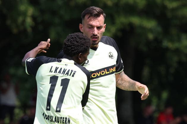 August 1, 2026, xrekx, Soccer Friendly Match, FC Metz 1 FC Kaiserslautern v l Goal celebration after the goal scored by Mergim Berisha, 0–2, for FC Kaiserslautern with Ibrahim Kanate 1 FC Kaiserslautern DFL DFB REGULATIONS PROHIBIT ANY USE OF PHOTOGRAPHS as IMAGE SEQUENCES and or QUASI-VIDEO Metz