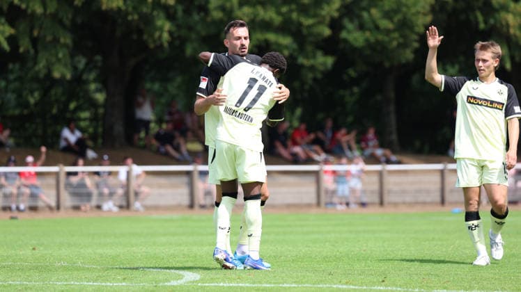 August 1, 2026, xrekx, Soccer Friendly Match, FC Metz 1 FC Kaiserslautern v l Goal celebration after the goal scored by Mergim Berisha 0–2 1 FC Kaiserslautern with Ibrahim Kanate 1 FC Kaiserslautern Naatan Skyttä Skyttae 1 FC Kaiserslautern DFL DFB REGULATIONS PROHIBITANY USE OF PHOTOGRAPHS AS IMAGE SEQUENCES AND OR QUASI-VIDEO Metz