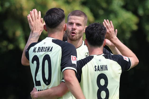 August 1, 2026, xrekx, Soccer Friendly Match, FC Metz 1 FC Kaiserslautern v l Goal celebration after the goal scored by Mergim Berisha 0–2 1 FC Kaiserslautern with Jan Elvedi 1 FC Kaiserslautern Semih Sahin 1 FC Kaiserslautern DFL DFB REGULATIONS PROHIBIT ANY USE OF PHOTOGRAPHS as IMAGE SEQUENCES and or QUASI-VIDEO Metz