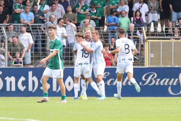 August 1, 2026, Men s Soccer, 2026–2027 Season, Bavarian Regional League, Matchday 2: 1 FC Schweinfurt 1905 vs. TSV 1860 Munich. Jubilation at TSV 1860 Munich after the 1–1 draw at the Schweinfurt Riedel Bau Arena in the Sachs Stadium, Bavaria, Lower Franconia, Germany