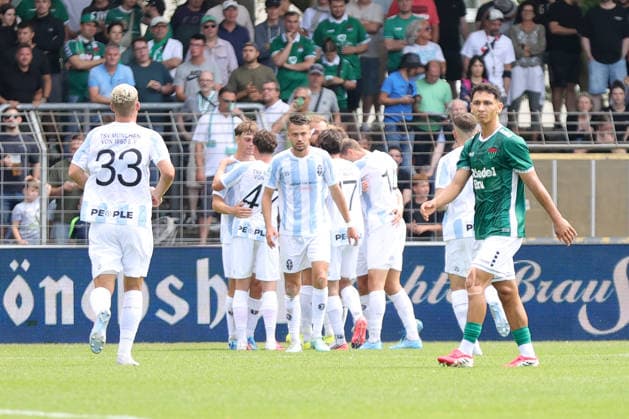 August 1, 2026, Men s Soccer, 2026–2027 Season, Bavarian Regional League, Matchday 2: 1 FC Schweinfurt 1905 vs. TSV 1860 Munich. Jubilation at TSV 1860 Munich after the 1–1 draw at the Schweinfurt Riedel Bau Arena in the Sachs Stadium, Bavaria, Lower Franconia, Germany