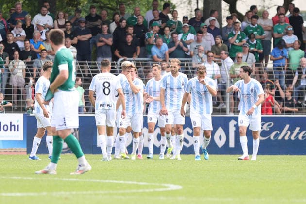 August 1, 2026, Men s Soccer, 2026–2027 Season, Bavarian Regional League, Matchday 2: 1 FC Schweinfurt 1905 vs. TSV 1860 Munich. Jubilation at TSV 1860 Munich after the 1–1 draw at the Schweinfurt Riedel Bau Arena in the Sachs Stadium, Bavaria, Lower Franconia, Germany