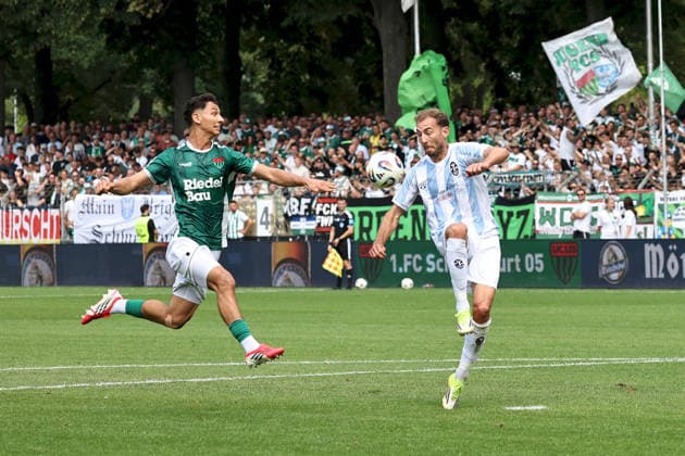 August 1, 2026, Men s, Soccer, 2026–2027 Season, Bavarian Regional League, Matchday 2: 1 FC Schweinfurt 1905 vs. TSV 1860 Munich—Mustafa Alper Özden (20), 1 FC Schweinfurt 1905, and Michael Eberwein (13), TSV 1860 Munich, Schweinfurt, Sachs Stadium, Bavaria, Germany