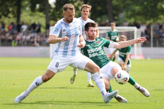 August 1, 2026, Men s Soccer, 2026–2027 Season, Bavarian Regional League, Matchday 2: 1 FC Schweinfurt 1905 vs. TSV 1860 Munich. From left: Felix Weber (TSV 1860 Munich), No. 04 against Kevin Fery of FC Schweinfurt No. 05, 15 Schweinfurt Riedel Bau Arena at Sachs Stadio, Bavaria, Lower Franconia, Germany