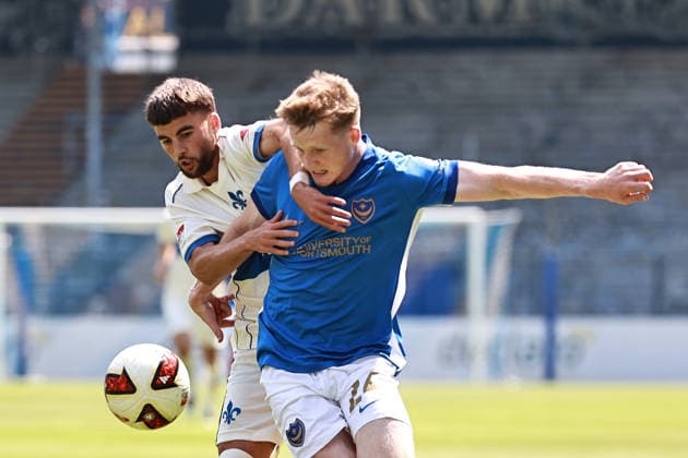 August 1, 2026, xtvx, Soccer Friendly Match, SV Darmstadt 98 vs. FC Portsmouth: Tackle, duel, compete—Ibrahim El Kadiri (SV Darmstadt 98) vs. Terry Devlin (FC Portsmouth). DFL and DFB regulations prohibit any use of photographs as image sequences and or quasi-video. Darmstadt