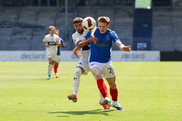 August 1, 2026, Darmstadt, Friendly Match: SV Darmstadt 98 vs. FC Portsmouth; from left: Ibrahim El Kadiri (SV Darmstadt 98), Terry Devlin (Portsmouth) battle for the ball Copyright: HMBxMedia JoaquimxFerreira