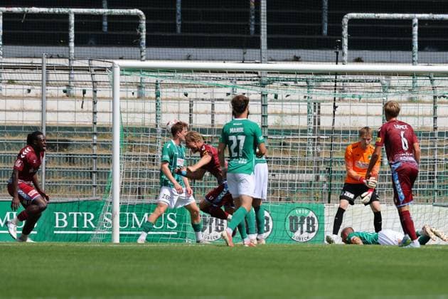 August 26, 2026, Germany, Regionalliga Nord, Soccer, Matchday 1, 2026–2027 Season, Dietmar Scholze Stadium an der Lohmuehle, VfB Lübeck vs. SC Weiche Flensburg Goal to make it 1–1 Scorer: Kevin Ntika of SC Weiche Flensburg 08 05 scores the 1–1 goal past goalkeeper Finn Böhmker of VfB Lübeck 01 Photo: nordphoto GmbH Tauchnitz LLübeck, Dietmar Scholze Stadium at the Lohmühle, SH, Germany Copyright: xnordphotoxGmbHx xTauchnitzx