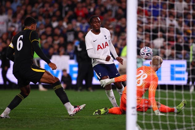 1st August 2026, Accor Stadium, Sydney, New South Wales, Australia; Friendly Football, Chelsea versus Tottenham Hotspur; Teddy Sharman-Lowe of Chelsea FC saves the shot from Mathys Tel of Tottenham Hotspur KevinxManning