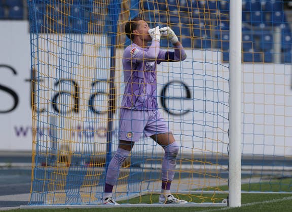 Goalkeeper Ron Thorben Hoffmann, Eintracht Braunschweig Soccer, Men s Team, 2026–2027 Season, 2. Bundesliga, Eintracht Stadium, Eintracht Braunschweig vs. RAAL La Louvière, preseason, friendly match, 0–0. DFL regulations prohibit any use of photographs as image sequences and or quasi-video.