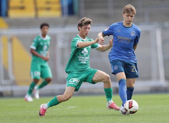 Tristan Wagner of Eintracht Braunschweig faces off against Quentin Benaets of La Louviere; Soccer, Men s, 2026–2027 Season, 2nd Division, Eintracht Stadium, Eintracht Braunschweig vs. RAAL La Louviere, preseason, friendly match, 0–0. DFL regulations prohibit any use of photographs as image sequences and or quasi-video.