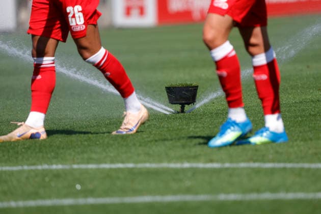 Leverkusen, Germany, German Bundesliga, 2026–2027 season Friendly match Bayer 04 Leverkusen vs. Rot-Weiss Essen 3–0 on August 1, 2026, at Ulrich Haberland Stadium in Leverkusen. The field was watered frequently during the season. Photo by Norbert Schmidt, Düsseldorf