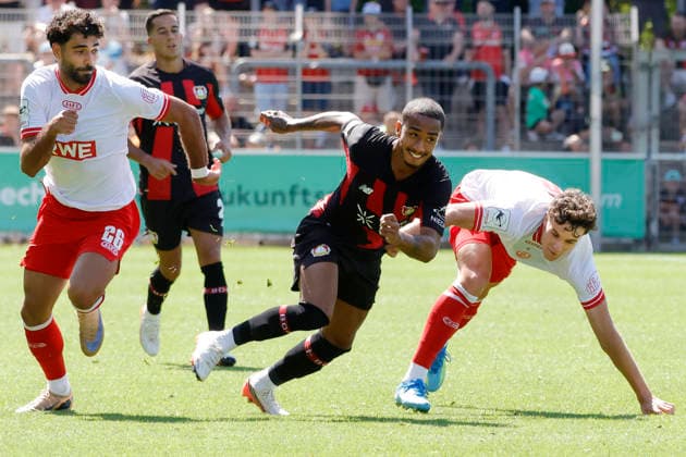 Leverkusen, Germany, Germany 1 Bundesliga, 2026–2027 season Friendly match Bayer 04 Leverkusen vs. Rot-Weiss Essen 3–0 on August 1, 2026, at the Ulrich Haberland Stadium in Leverkusen Ekin Çelebi (RWE, left), ARTHUR LEV, and Max Geschwill (RWE, right) Photo by Norbert Schmidt, Düsseldorf