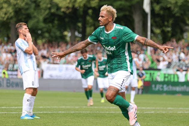 August 1, 2026, Men s Soccer, 2026–2027 Season, Bavarian Regional League, Matchday 2: 1 FC Schweinfurt 1905 vs. TSV 1860 Munich. Goal scorer Mike Dellinger of FC Schweinfurt 05, No. 10, celebrates his goal to make it 2–1 at the Schweinfurt Riedel Bau Arena in the Sachs Stadium, Bavaria, Lower Franconia, Germany
