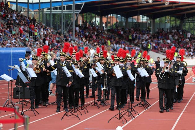 Kassel, Germany, August 1, 2026; 2026-2027 Friendly Match: KSV Hessen Kassel vs. FC Schalke 04; Pictured: The band before the game at the Auestadion in Kassel; Auestadion, Hesse Copyright: xFotostandx xFabianxWernerx