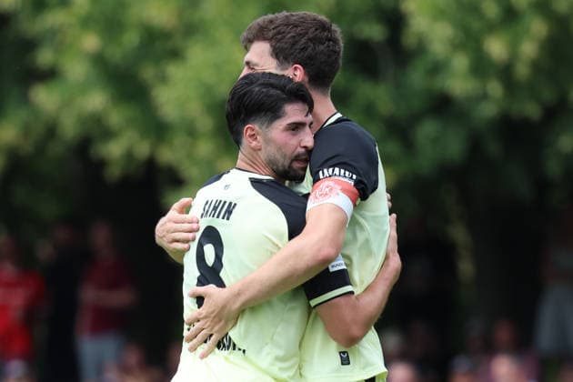 August 1, 2026, xrekx, Soccer Friendly Match, FC Metz 1 FC Kaiserslautern v l Goal celebration after the goal scored by Semih Sahin, 0–3, for FC Kaiserslautern with Jacob Rasmussen 1 FC Kaiserslautern DFL DFB REGULATIONS PROHIBIT ANY USE OF PHOTOGRAPHS as IMAGE SEQUENCES and or QUASI-VIDEO Metz