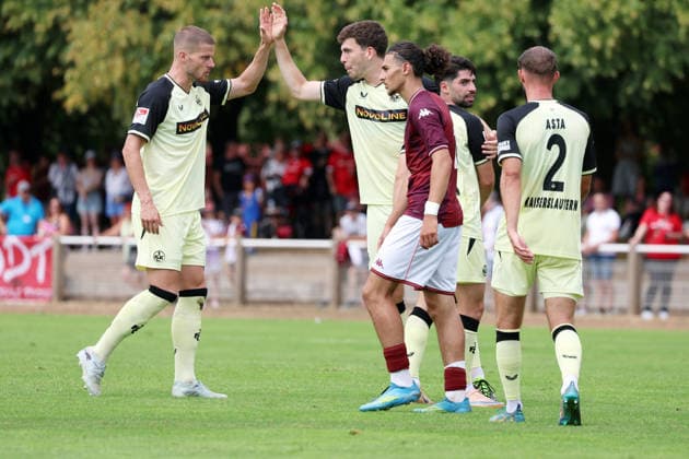 August 1, 2026, xrekx, Soccer Friendly Match, FC Metz 1 FC Kaiserslautern v l Jan Elvedi 1 FC Kaiserslautern Jacob Rasmussen 1 FC Kaiserslautern Goal celebration after the goal scored by Semih Sahin 1 FC Kaiserslautern DFL DFB REGULATIONS PROHIBIT ANY USE OF PHOTOGRAPHS as IMAGE SEQUENCES and or QUASI-VIDEO Metz