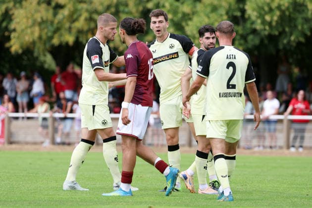 August 1, 2026, xrekx, Soccer Friendly Match, FC Metz 1 FC Kaiserslautern v l Jan Elvedi 1 FC Kaiserslautern Jacob Rasmussen 1 FC Kaiserslautern Goal celebration after the goal scored by Semih Sahin 1 FC Kaiserslautern DFL DFB REGULATIONS PROHIBIT ANY USE OF PHOTOGRAPHS as IMAGE SEQUENCES and or QUASI-VIDEO Metz