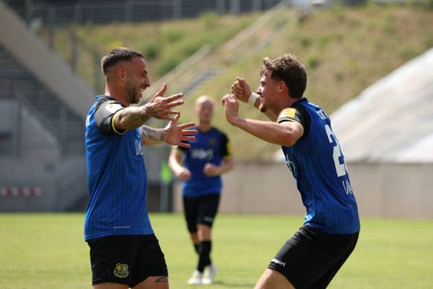 August 1, 2026, Soccer, Men s, Friendly Match, 2026–2027 Season, 1 FC Saarbrücken vs. US Thionville Lusitanos, celebration of the 2–1 goal, goal scorer Alexander Straff, 1 FC Saarbrücken, Saarbrücken, Ludwigsparkstadion, Saarland, Germany, DEU Copyright: xSebastianxBachx