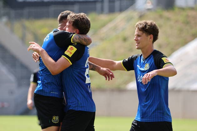 August 1, 2026, Soccer, Men s, Friendly Match, 2026–2027 Season, 1 FC Saarbrücken vs. US Thionville Lusitanos, celebration of the 2–1 goal, goal scorer Alexander Straff, 1 FC Saarbrücken, Saarbrücken, Ludwigsparkstadion, Saarland, Germany, DEU Copyright: xSebastianxBachx