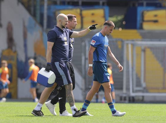 Andi Hoti Injury, Eintracht Braunschweig Soccer, Men s, 2026–2027 Season, 2. Bundesliga, Eintracht Stadium, Eintracht Braunschweig vs. RAAL La Louvière, preseason, friendly match, 0–0. DFL regulations prohibit any use of photographs as image sequences and or quasi-video.