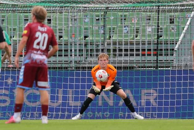 August 26, 2001, Germany, Regionalliga Nord, Soccer, Matchday 1, 2026–2027 Season, Dietmar Scholze Stadium at the Lohmühle, VfB Lübeck vs. SC Weiche Flensburg Goalkeeper save by Finn Böhmker, VfB Lübeck 01 Photo: nordphoto GmbH, Tauchnitz, Lübeck, Dietmar Scholze Stadium at the Lohmühle, SH, Germany Copyright: xnordphotoxGmbHx xTauchnitzx