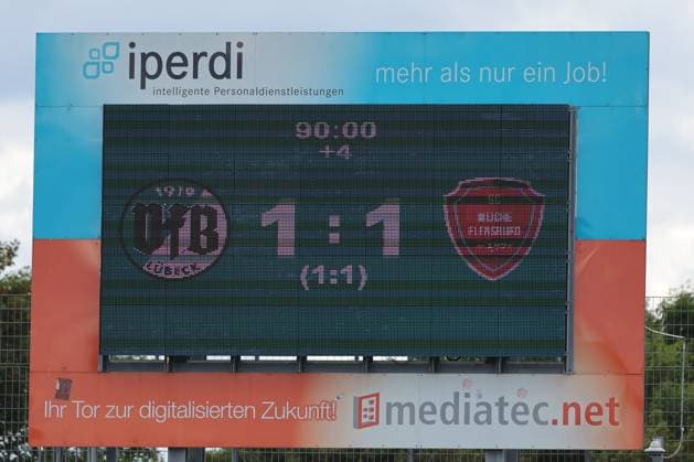 August 26, 2026, GER, Regionalliga Nord, Soccer, Matchday 1, 2026–2027 Season, Dietmar Scholze Stadium at the Lohmühle, VfB Lübeck vs. SC Weiche Flensburg, Final Score 1–1, Scoreboard, Feature, Impression, Final Score, Match Result, Photo by nordphoto GmbH, Tauchnitz, Lübeck, Dietmar Scholze Stadium at the Lohmühle, SH, Germany Copyright: xnordphotoxGmbHx xTauchnitzx