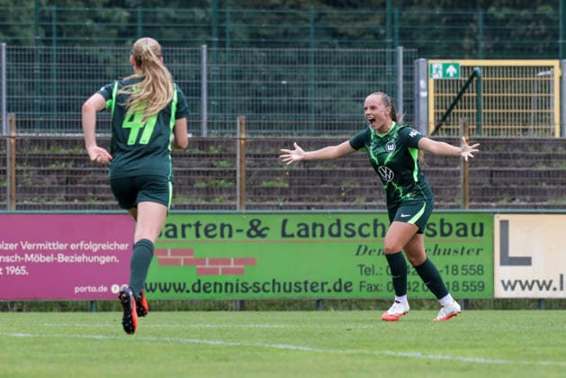 August 1, 2026, xgrfx, Women s Soccer Friendly Match, RB Leipzig vs. VfL Wolfsburg, goal, Lou Bogaert, 0–3 VfL Wolfsburg. DFL and DFB regulations prohibit any use of photographs as image sequences and or quasi-video. Leipzig